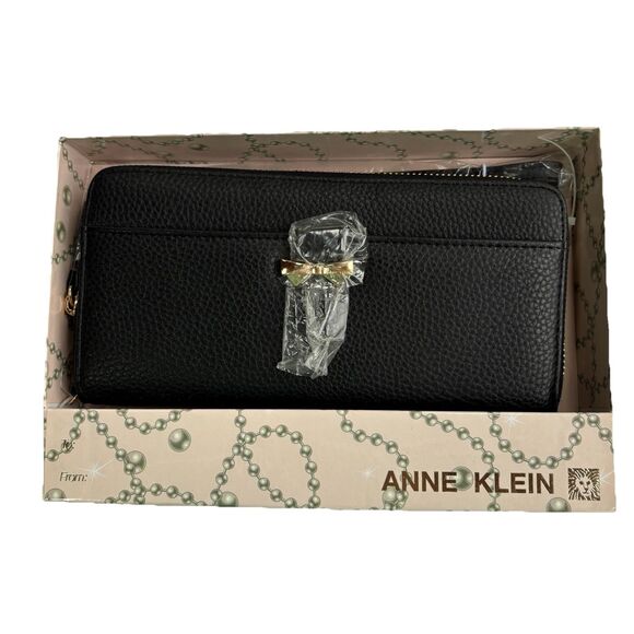 Anne Klein Handbags - New Anne Klein Women’s Zip-Around Wristlet Wallet Black With Gold Colored Bow